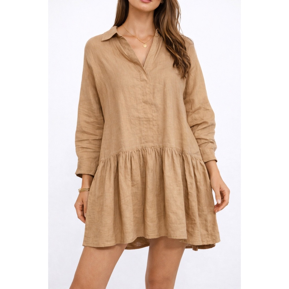 Morton Mac Shirt Dress Women Tall Tan 100% Linen Drop‎ Waist Ruffle Long Sleeve